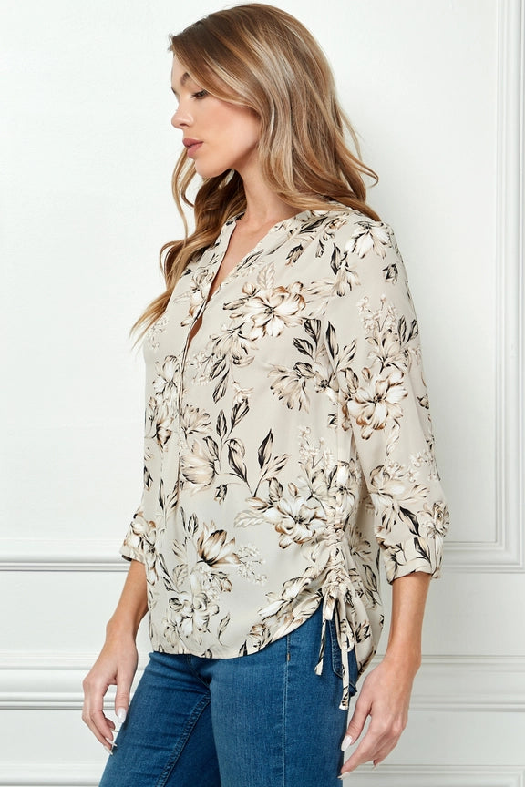 Cuff Sleeve Mandarin Collar Floral Shirt - G958977N33