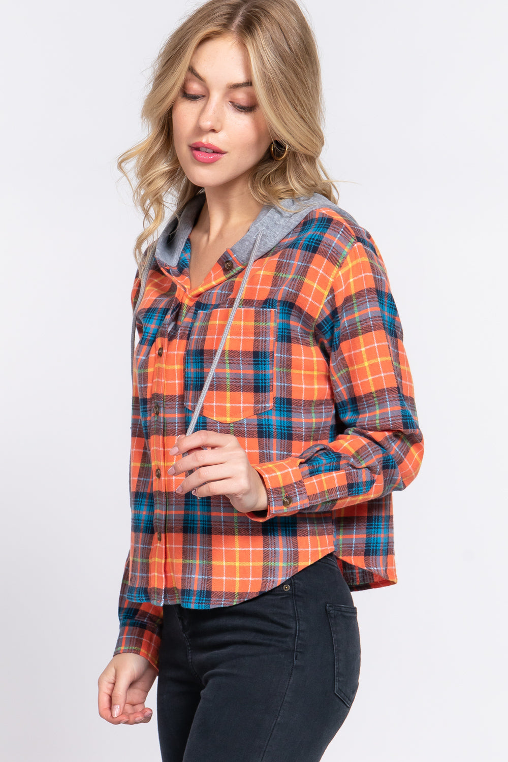 Active USA - Long Slv Hoodie Plaid Shirt - T13581