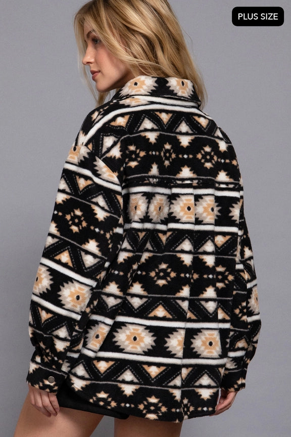  Long Sleeve Printed Fleece Shacket [Plus Size] - J74024