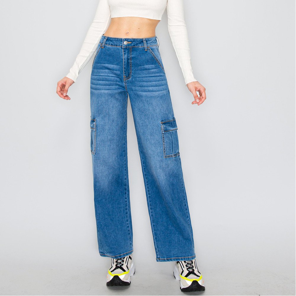 Wax Jean - Women's Cargo Long Denim Slanted Pocket Jean - 90337 