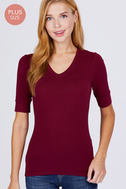 Active USA - Women's Elbow Sleeve V-Neck Top [Plus] - T6671 BURGUNDY 1X