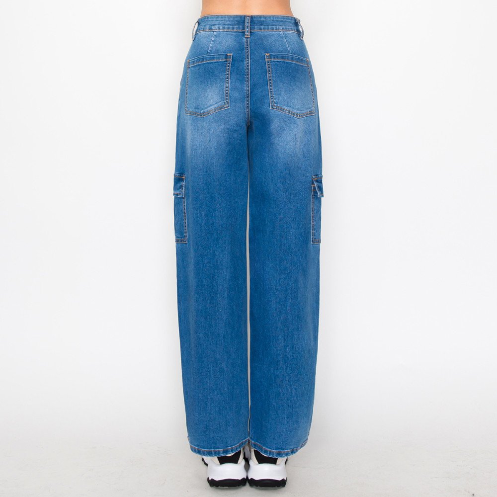 Wax Jean - Women's Cargo Long Denim Slanted Pocket Jean - 90337 