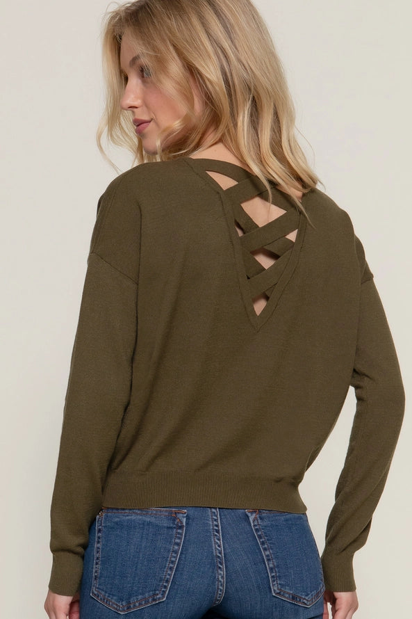 Active USA - Long Sleeve V-Neck Back Cross Strap Viscose Sweater - SW11905
