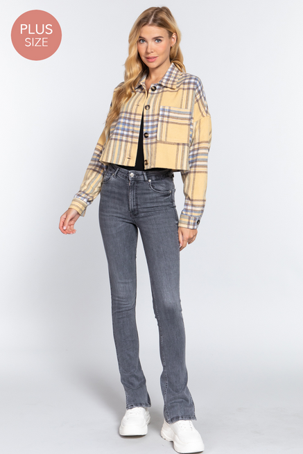 Active USA - Wool Plaid Oversized Crop Jacket Plus - J73255