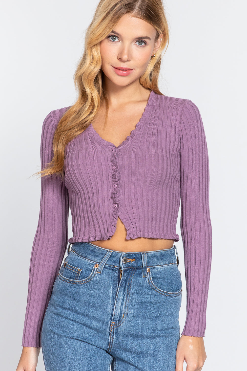 Active USA - Long Slv Ruffle Rib Sweater Cardigan - SW13186