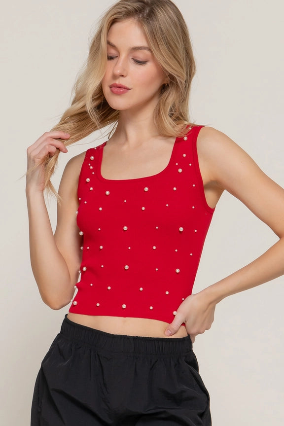 Active USA - Sleeveless Square Neck with Pearl Detail Spring Sweater - T13800