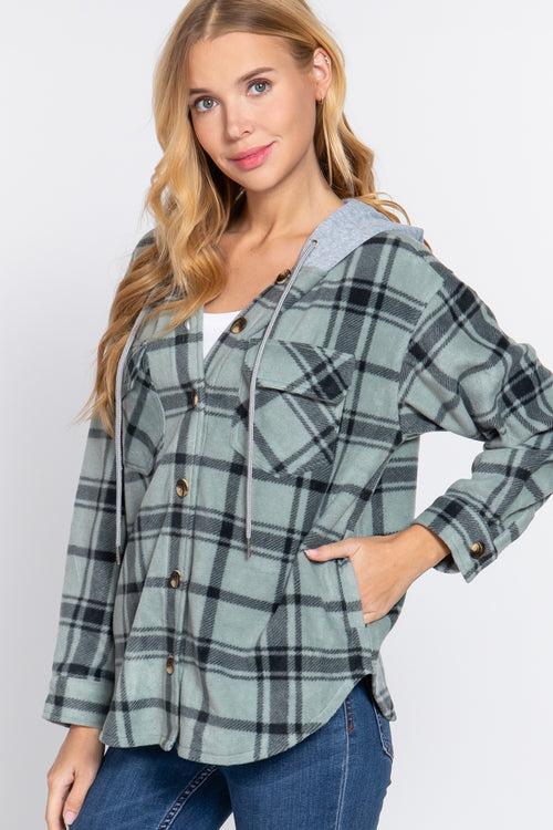 Active USA - Plaid Print Hoodie Fleece Jacket - J13272