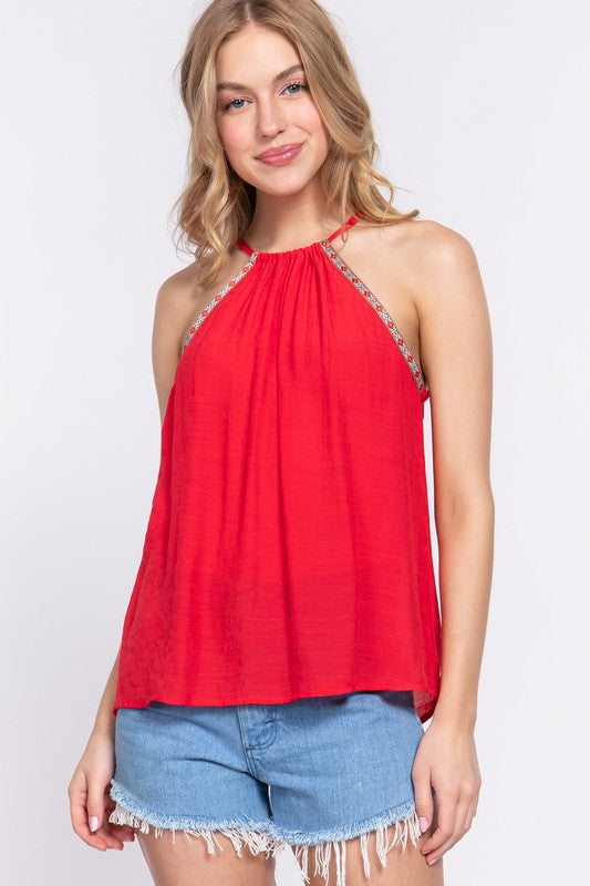 Active USA - Halter Neck with Cluny Tape Slub Gauze Top - T13514