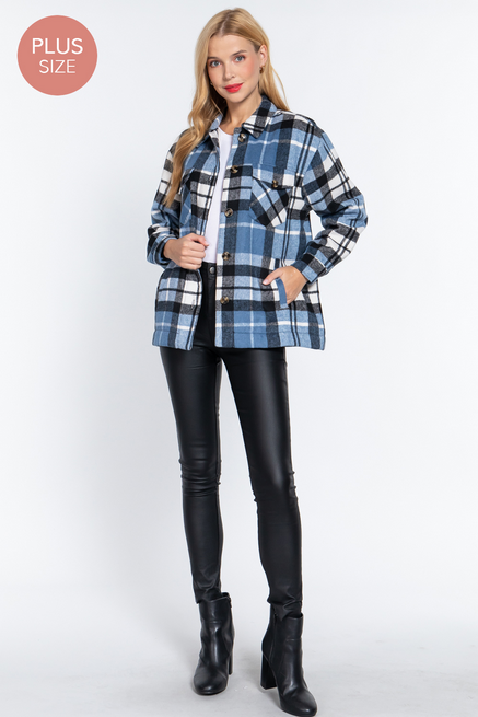 Active USA -Women's PLUS Inner Faux Fur Brushed Plaid Jacket Plus - J72524