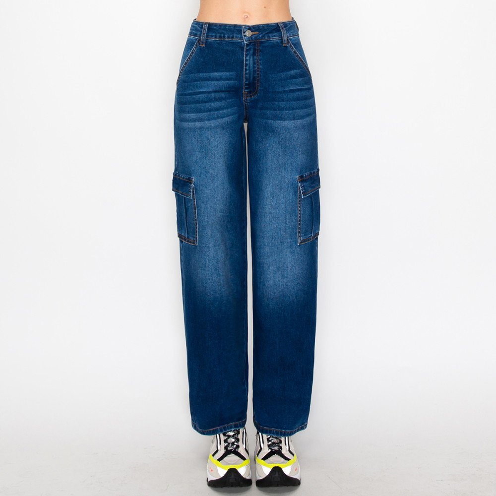 Wax Jean - Women's Cargo Long Denim Slanted Pocket Jean - 90337 