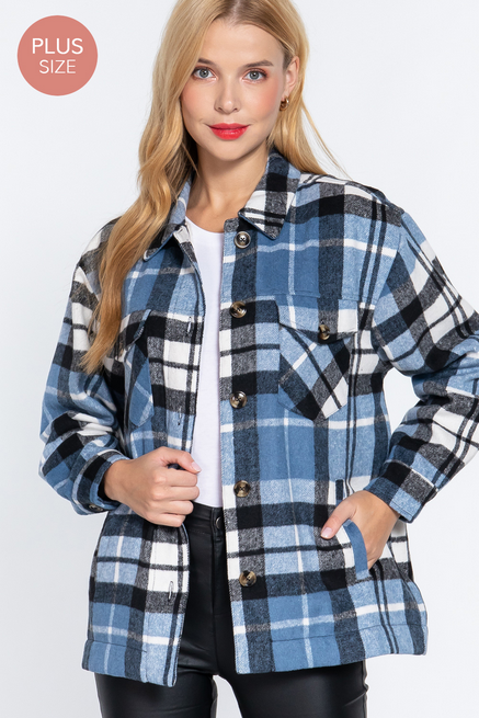 Active USA -Women's PLUS Inner Faux Fur Brushed Plaid Jacket Plus - J72524