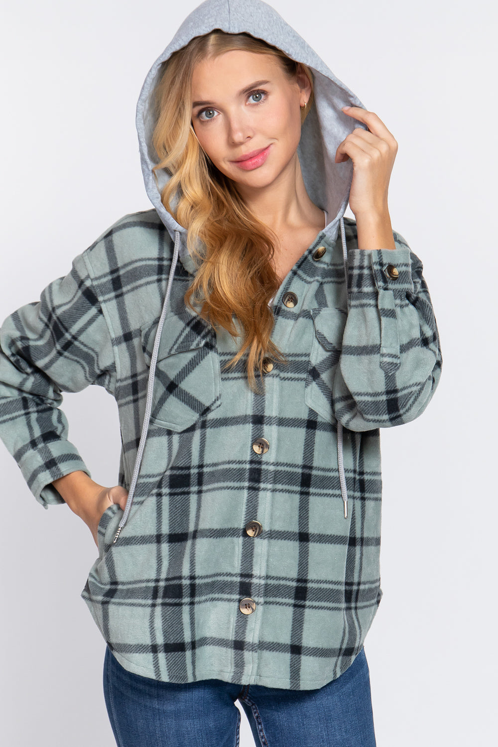 Active USA - Plaid Print Hoodie Fleece Jacket - J13272