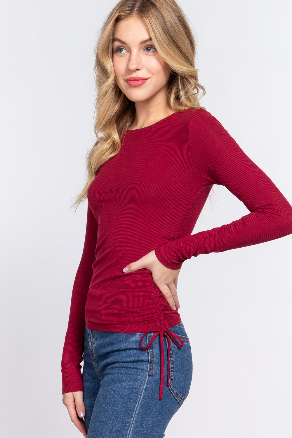 Long Sleeve  Ruched Rib Knit Top - T13689