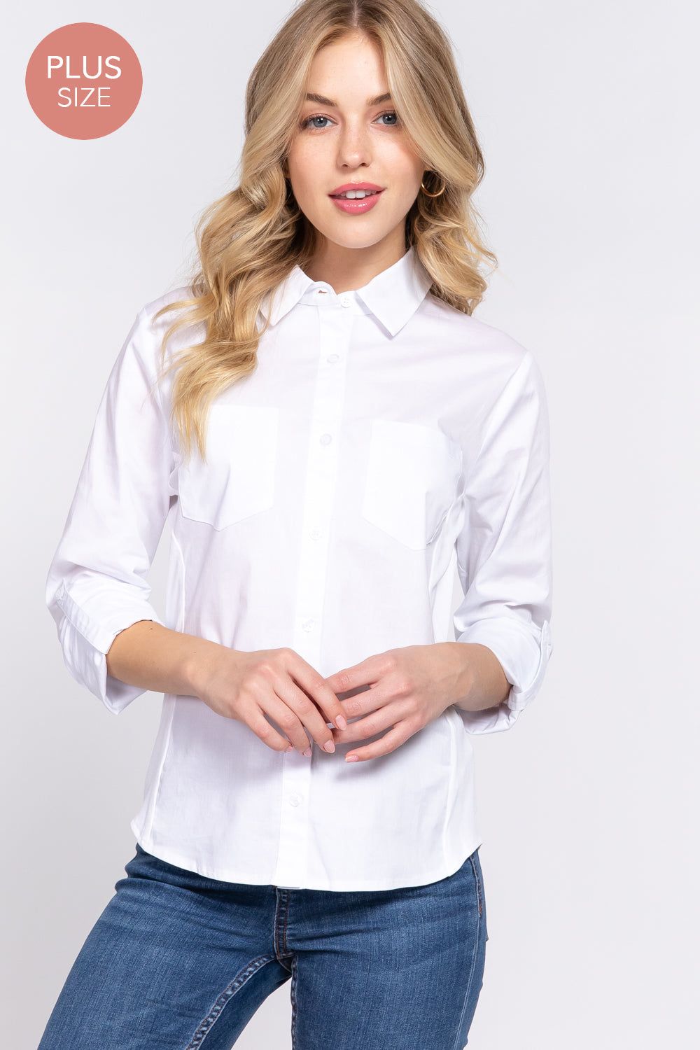 Active USA - (Plus) 3/4 Roll Up Slv Stretch Shirt - T73463