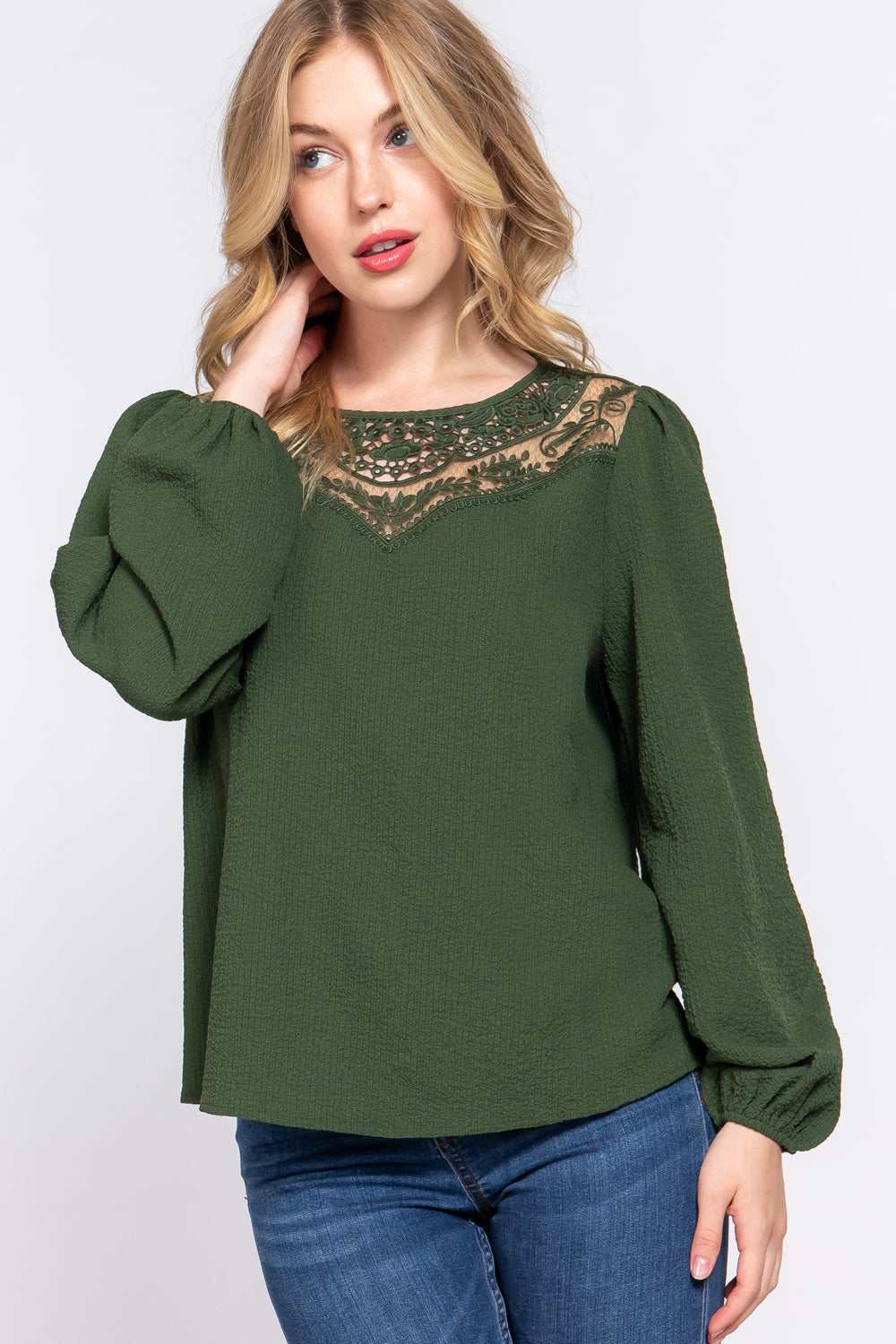 Active USA - Women's Crochet Lace Panel Woven Top - T13670